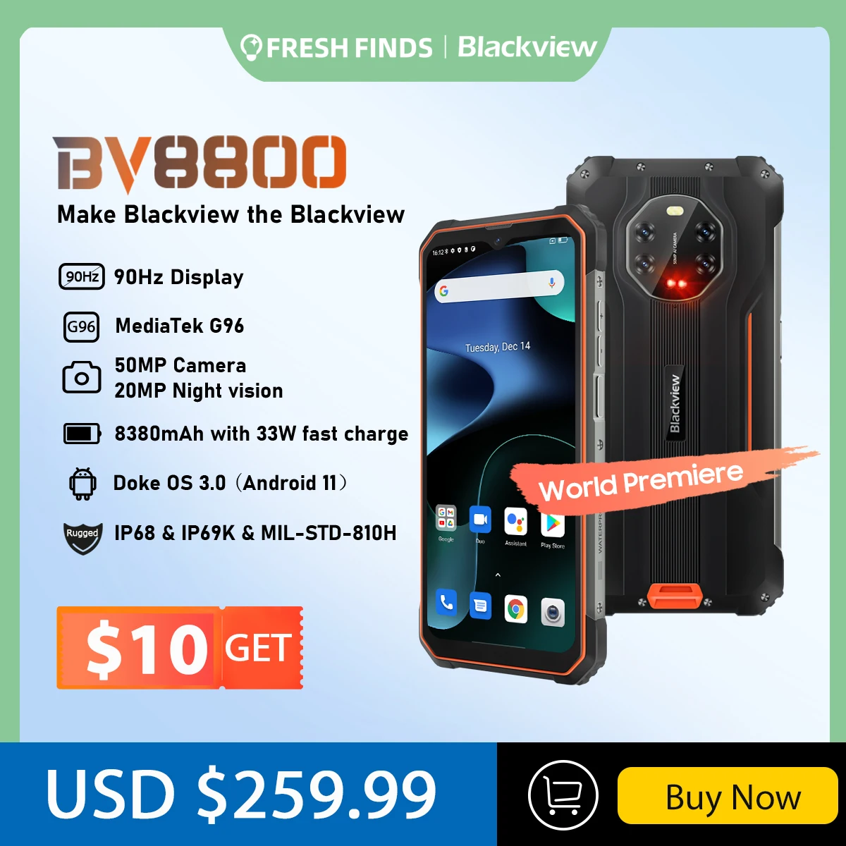 BLACKVIEW BV8800 IP68 Rugged Smartphone 8GB+128GB Android 11 Helio G96 Cell Phone 90Hz Display Mobile Phone 8380mAh 50MP Cameras