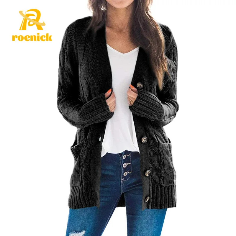 

ROENICK Women V-Neck Long Sleeve Sweaters Cardigans Female 2021 Retro Casual Button Midi Knitted Tops Autumn Loose Jumpers Coats