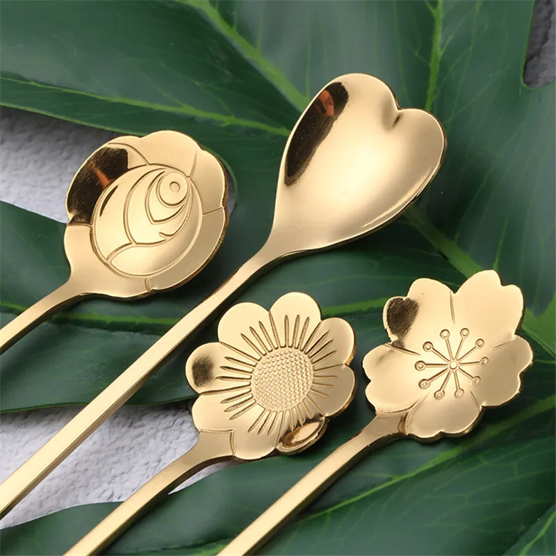 

1PC 17.5cm Stainless Steel Flower Spoon With Long Handle Creative Cherry Blossoms Cosmos Heart Rose Golden Dessert Coffee Spoons