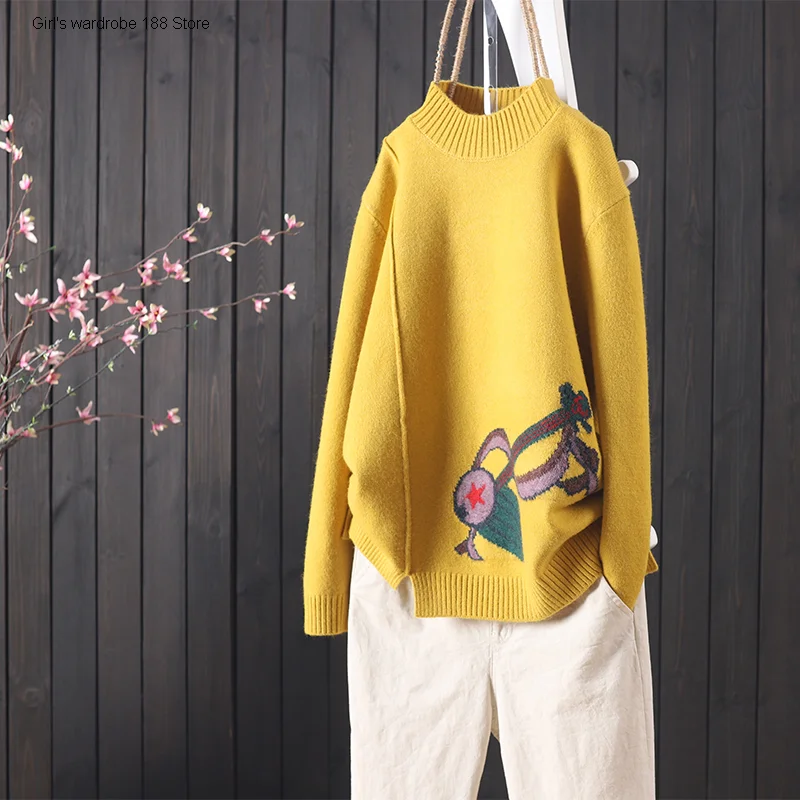 

Collection of autumn and winter new jacquard pattern half high collar long sleeve sleeve sleeve slit cut art versatile