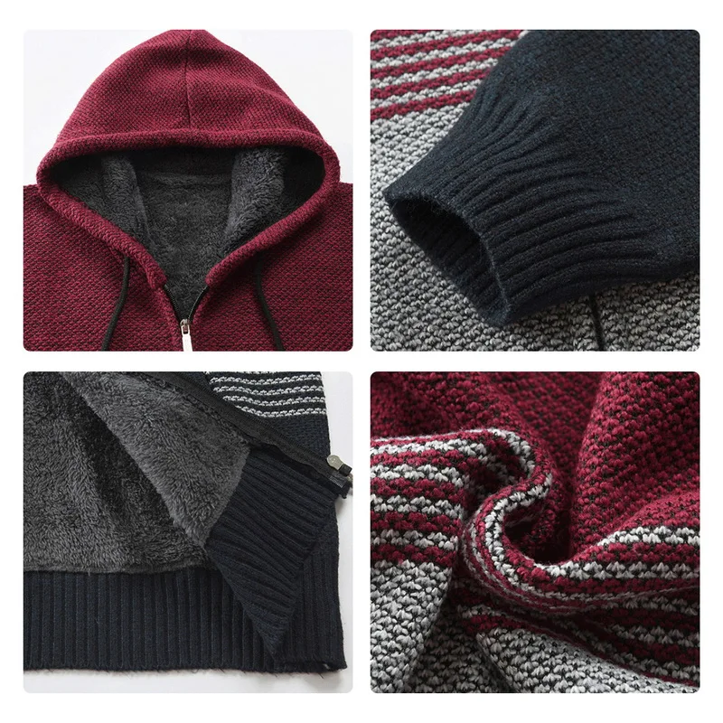 

Vogue Sweater Coat Men Winter Hooded Cardigan Sweater Jumper Men Striped Pockets Cashmere Wool Liner Zipper Fleece Coats Men