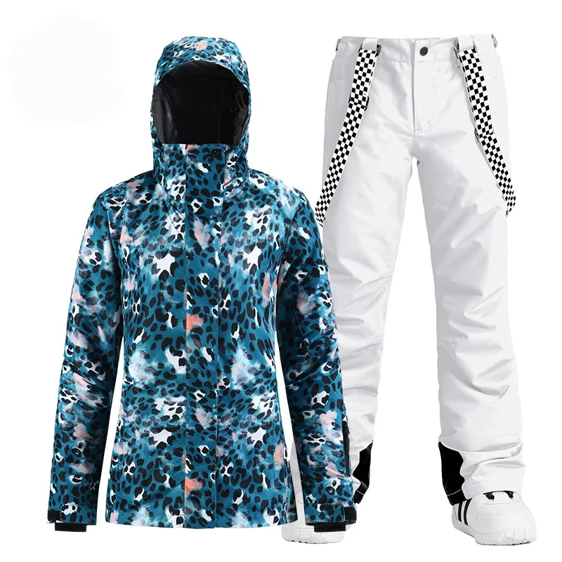 -30 Blue Leopard Women's Snow Suit Wear Outdoor Sports Ski Costumes Waterproof Snowboard Clothing Sets Jacket + Strap Pant Girl | Спорт и