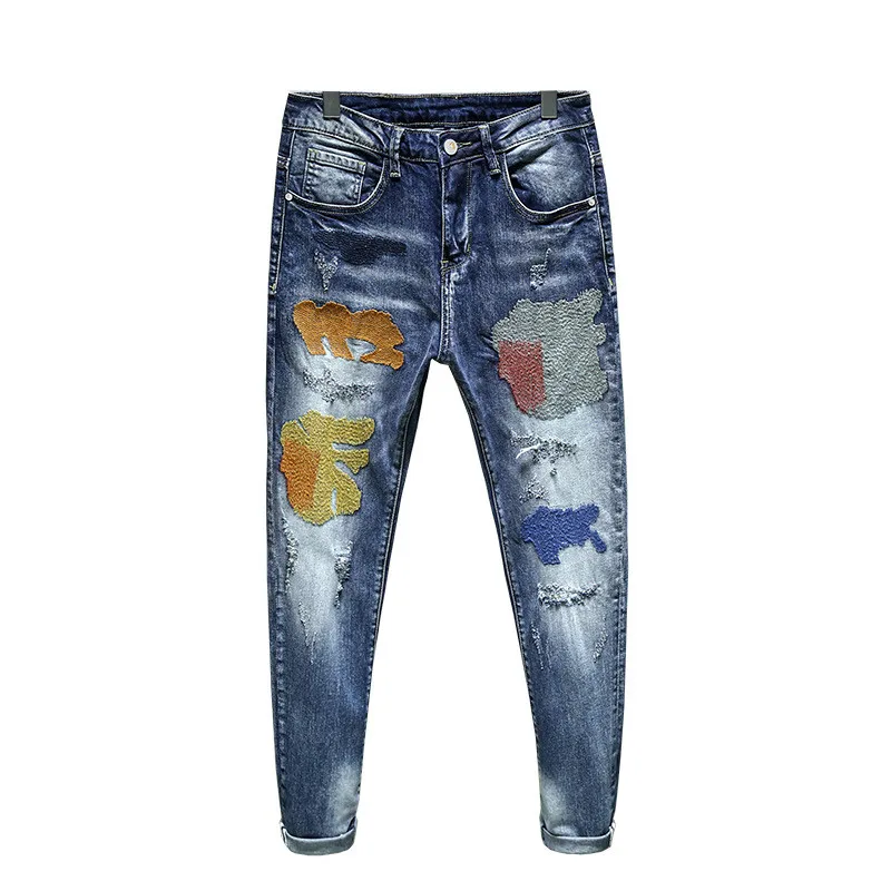 

Мужские рваные джинсы MORUANCLE, синие прямые брюки из потертого денима в стиле Хай-стрит, с нашивками, модная уличная одежда