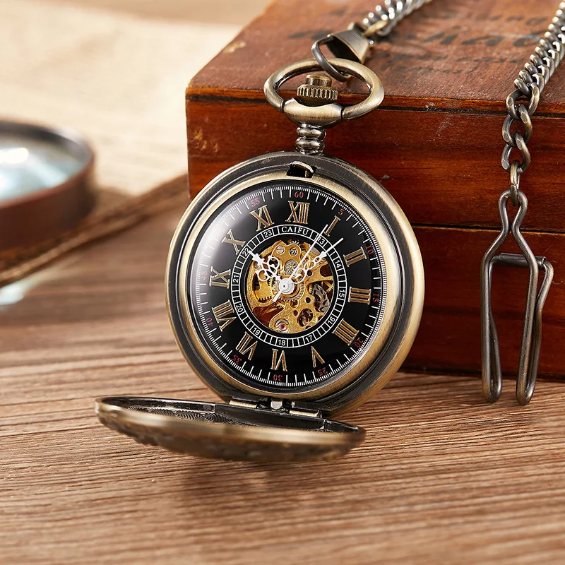 Retro Skeleton Mechanical Pocket Watch Mens Fob Chain Golden Automatic Self-winding Women Men Watch Gift Clock Reloj de bolsillo