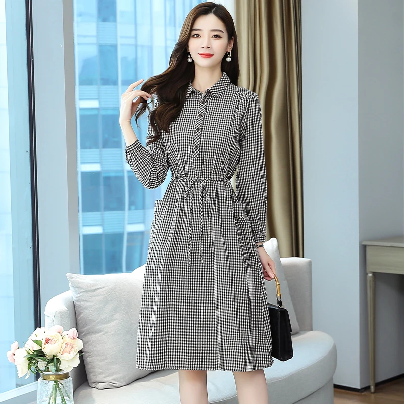 

2021 Vintage Cotton Plaid Loose Midi Dresses Autumn Winter Plus Size Full Sleeve Office Dress Women Classy Party Casual Vestidos