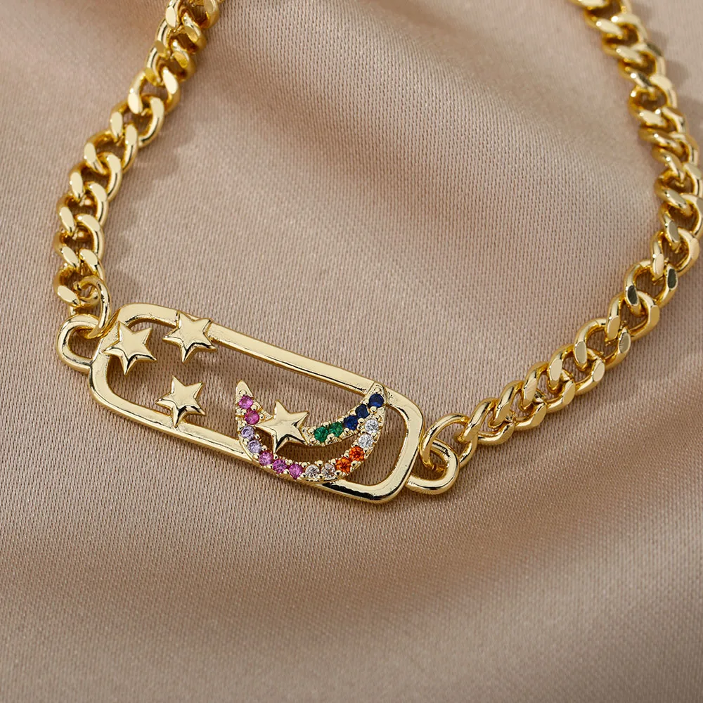 Цветной зирконий Браслет с звездой и луной для женщин Радужный браслет для мамы из кубинской цепочки. Винтажные украшения в подарок.