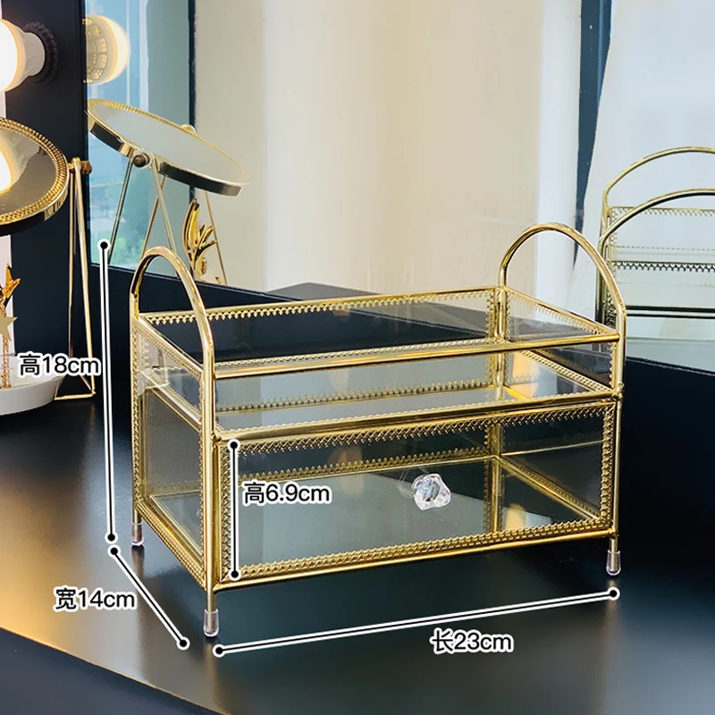 New Arrival Gold Glass Clear Makeup Organizer Perfume Lipstick Cosmetic Storage Display Box Case Stand Rack Holder Organizer