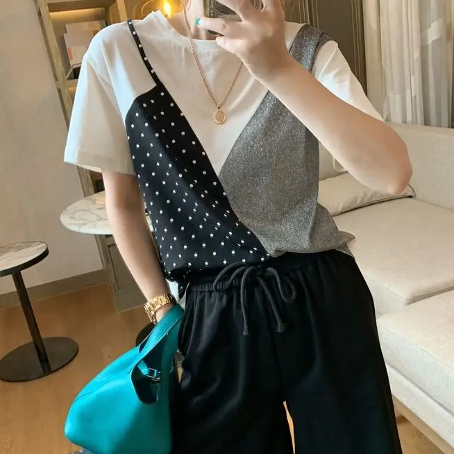 

Contrast Color Patchwork T Shirts Women Dot O Neck Short Sleeve Female Tops Loose Casual Female Tees Oversized T Shirt