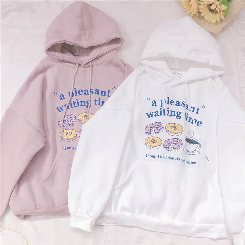 Милые толстовки с принтом пончика кофейного цвета мягкие свободные капюшоном
