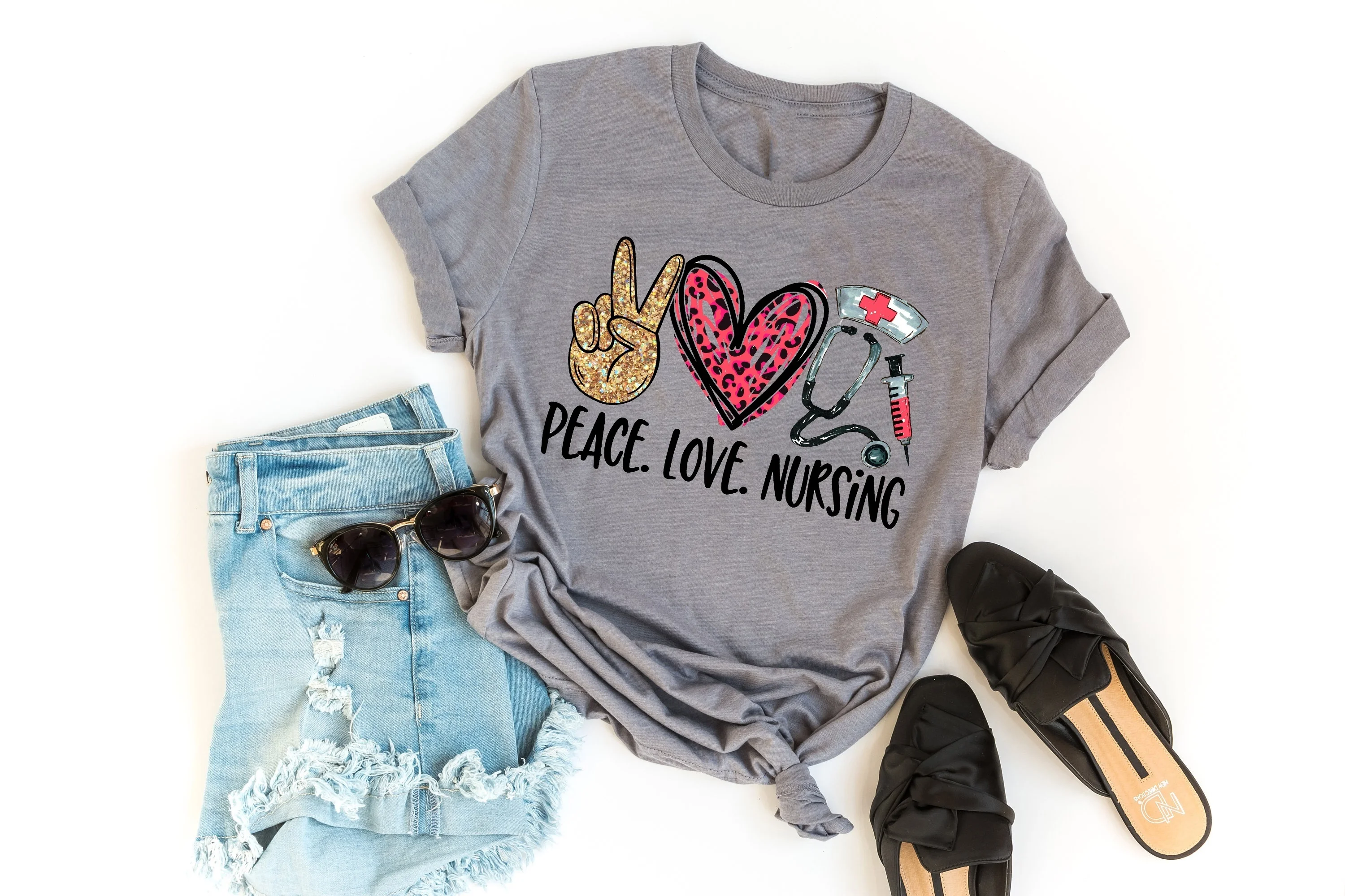 

Peace Love Nursing Printed Novelty Funny Unisex T-shirt graphic tee