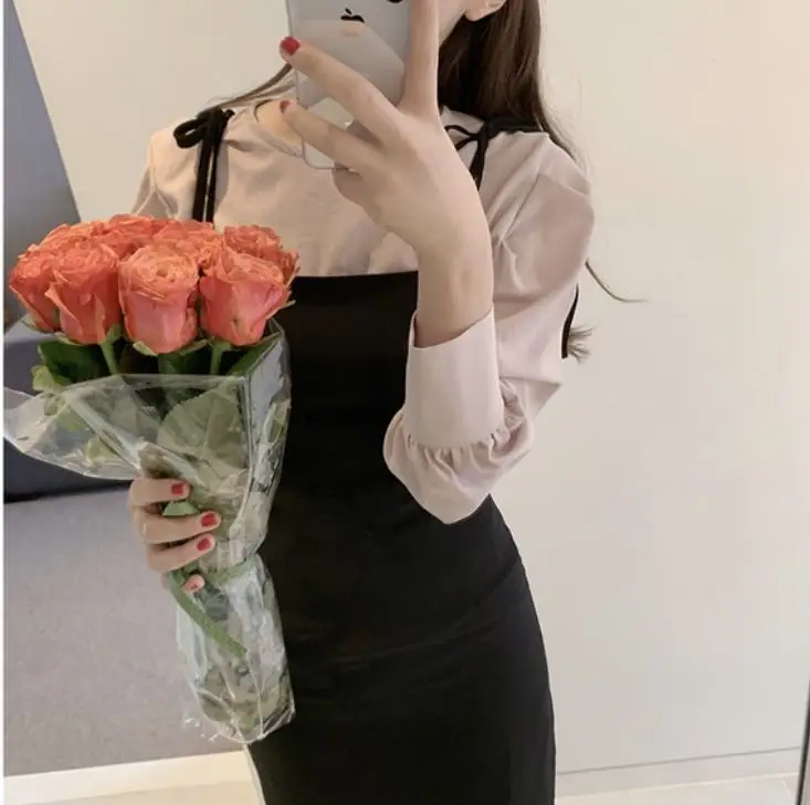 

Office Lady Dress Suits 2021 New Two Piece Set Outfits for Women Korean Long Sleeve Blouses + High Waist Bodycon Pencil Dress