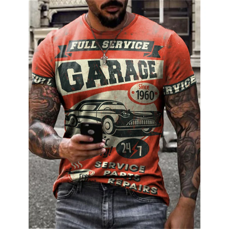 Casual fashion street hip-hop short sleeve high end design personality unique handsome small car print T-shirt round neck pullov | Мужская