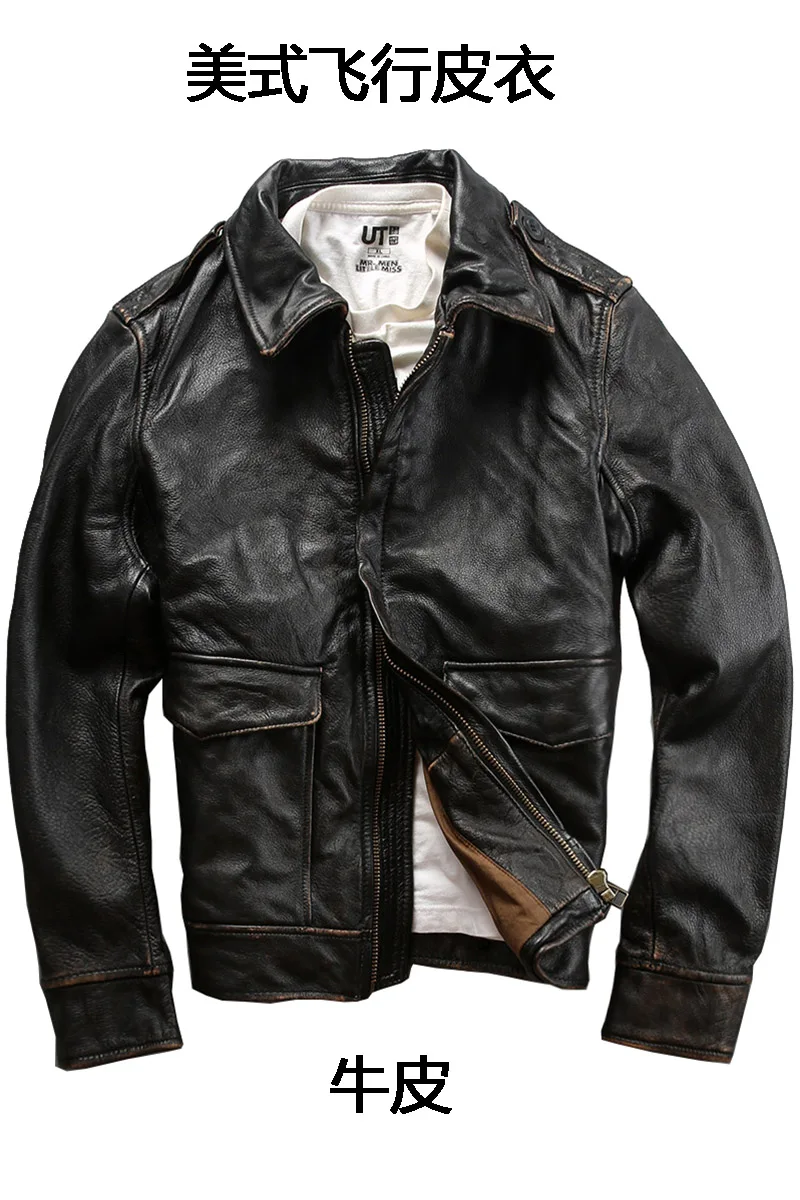 

2020 men's Epaulet Vintage genuine cowhide leather coat men American aviator flight jacket male