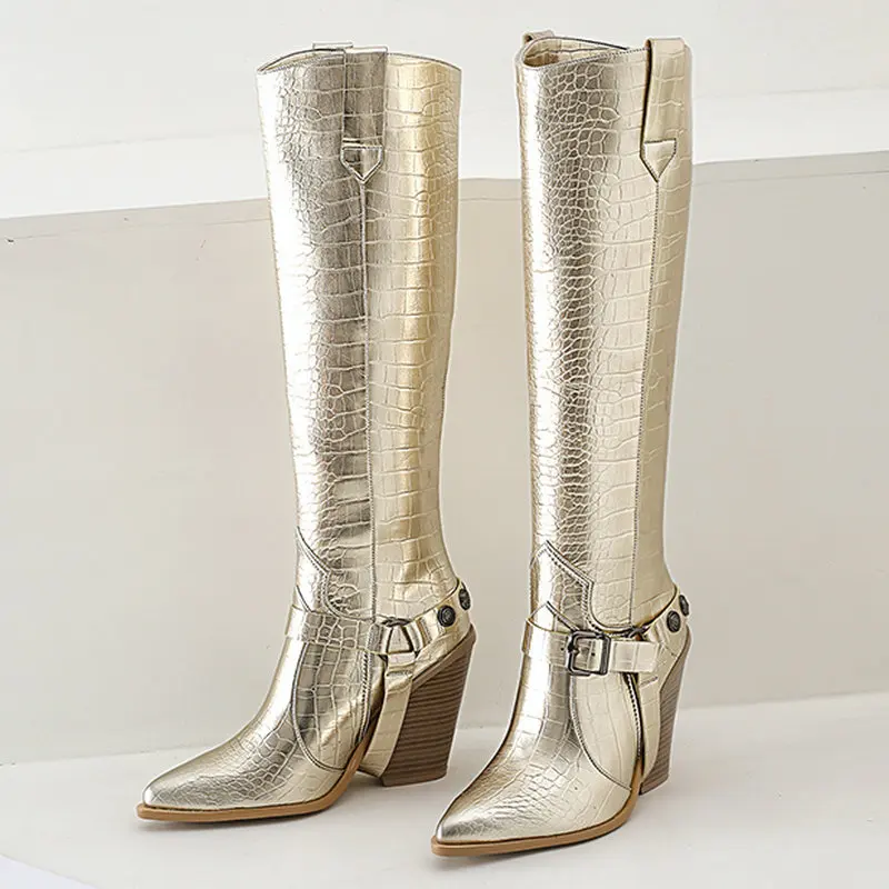 

Godl Silver Faux Leather Knee High Boots Women Fashion Buckle Wedges High Heel Long Boots Pointed Toe Autumn Winter Shoes