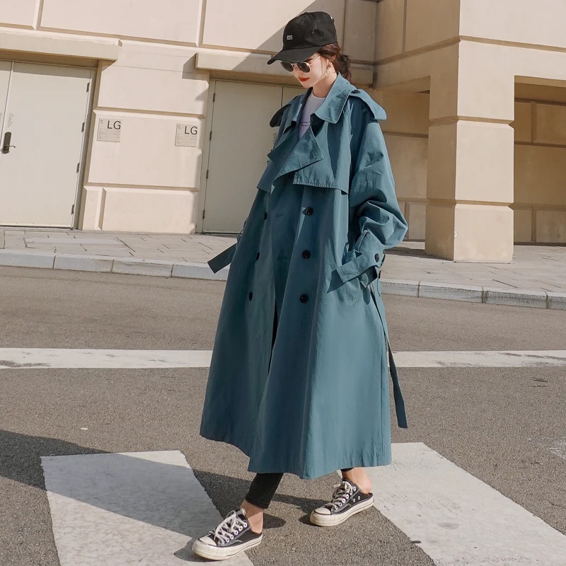 

Brand New Khaki Blue Women Trench Coat Long Double Breasted Belted with Storm Flaps Spring Autumn Windbreaker Outerwear Quality