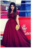 2015 arabian design burgandy v neck cap sleeve floor length satin prom dresses