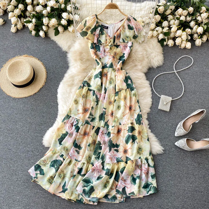 

Summer new printed lotus leaf dresses V-neck temperament retro goddess dresses for women Short sleeve woman dress 2021