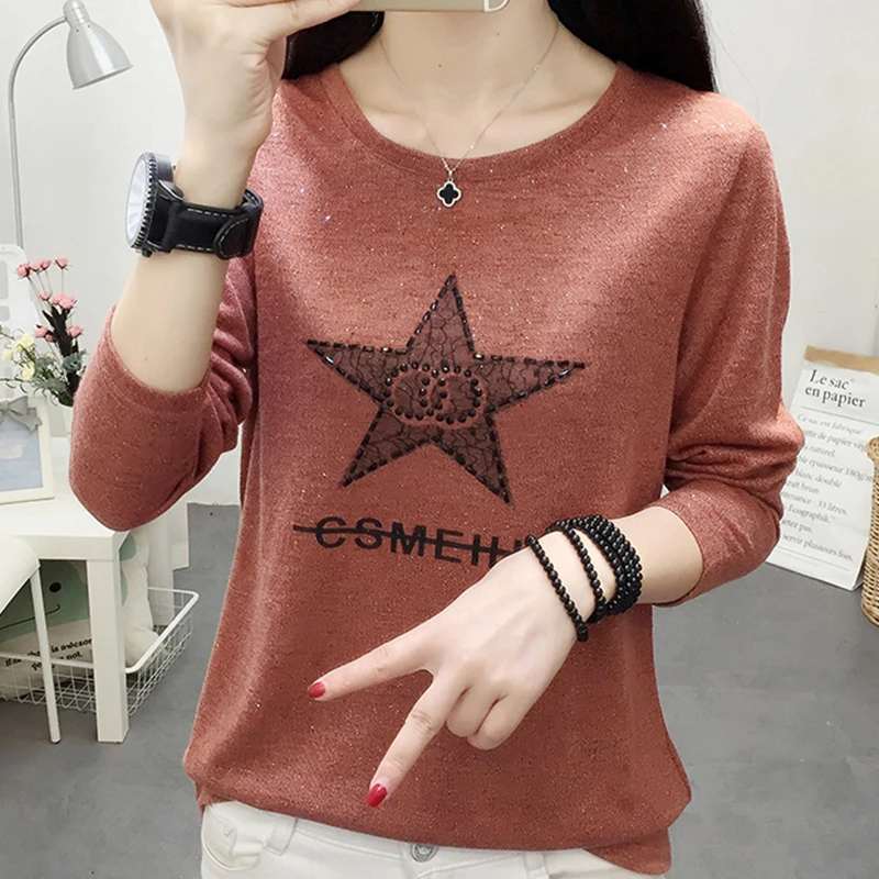 Shintimes 2020 Осенняя корейская мода футболка винтажная женская со стразами с