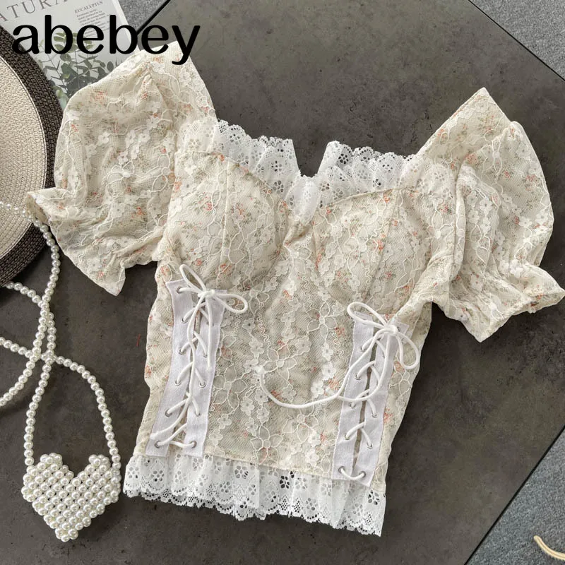 

Design Hollow Backless Blouse Women Korean Square Collar Lace Up White Tops Summer Fashion Streetwear Short Blouse