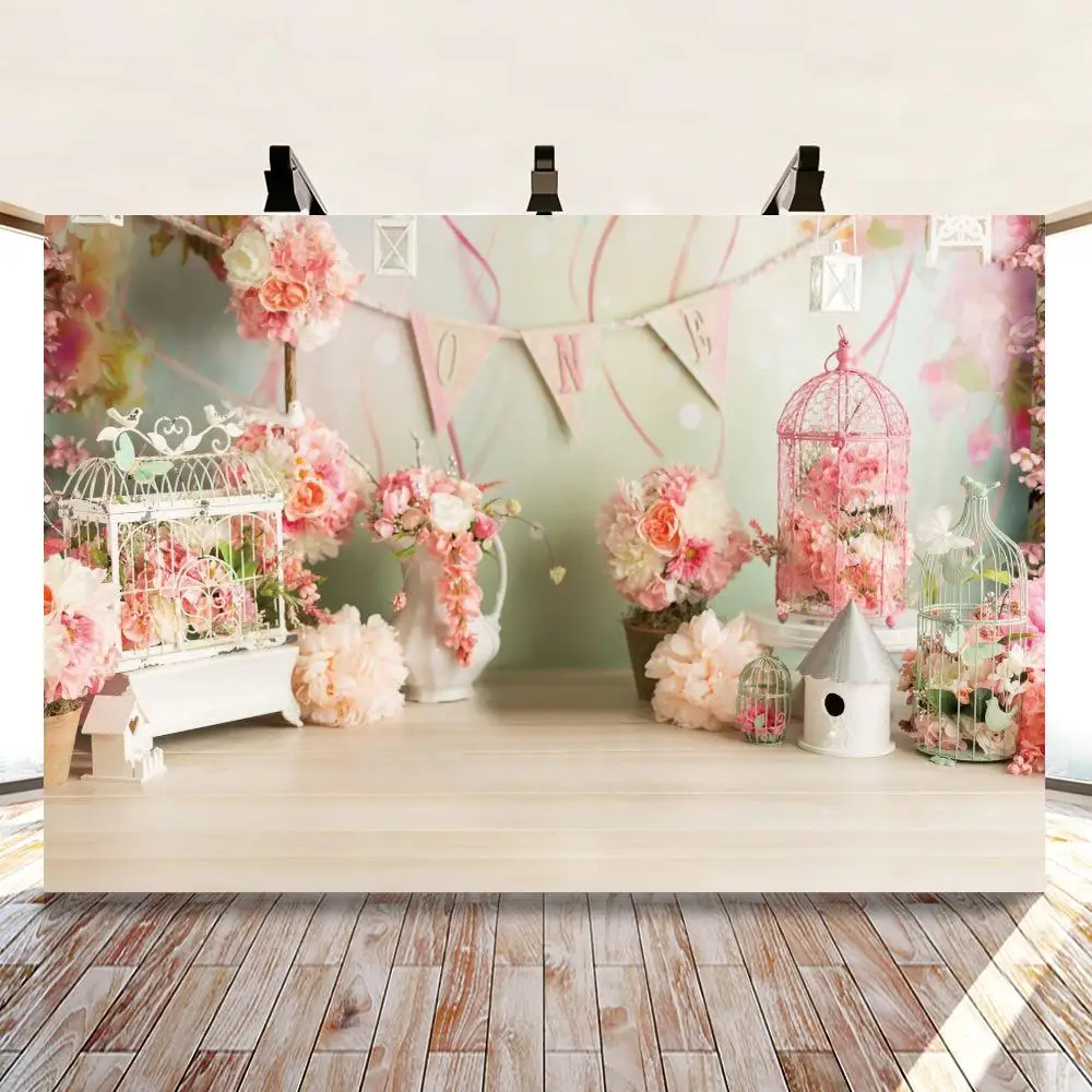 One Year Old Cage Pink White Bouquet and Flags Backdrops Photo Background Decorations for Girls Birthday Party Photography Props |