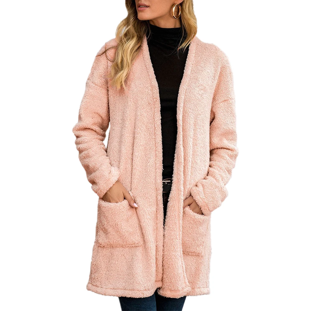 

Faux Fur jacket Women Winter Overcoat Solid Color Pockets Coat Autumn Casual Loose Cardigan Female Coat 2021