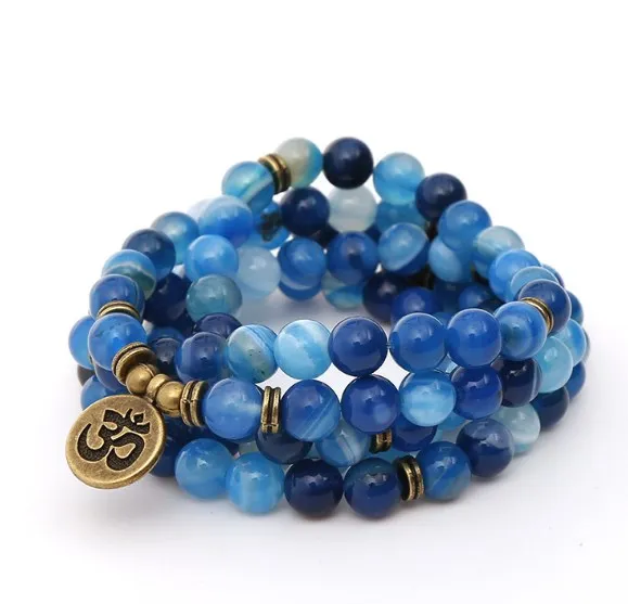 

Синие 108 бусин 8 мм Эластичный регулируемый Лотос жизни Дерево Будда OM глаз чакра рейки Агат Оникс Йога браслет ожерелье yfg3s