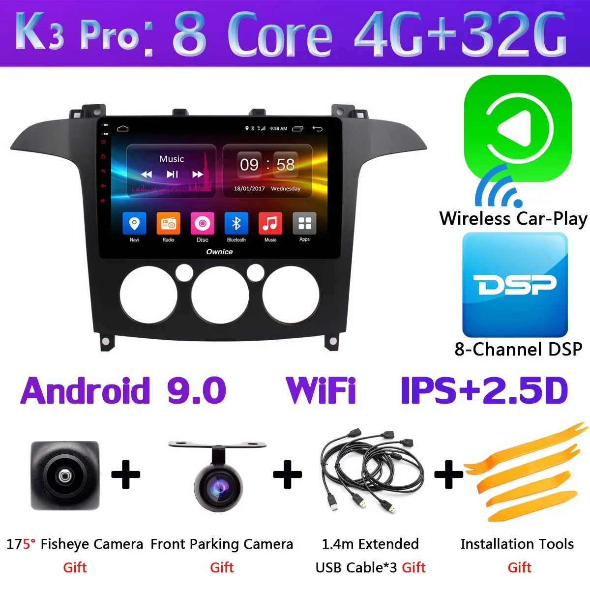 K3 Pro CarPlay 360 ° камера 4G SIM Android 9,0 4G+ 64G gps Navi Радио CarPlay SPDIF DSP Автомобильный плеер стерео для Ford S-Max S Max 2007-2008 AT/MT - Цвет: K3 Pro CarPlay