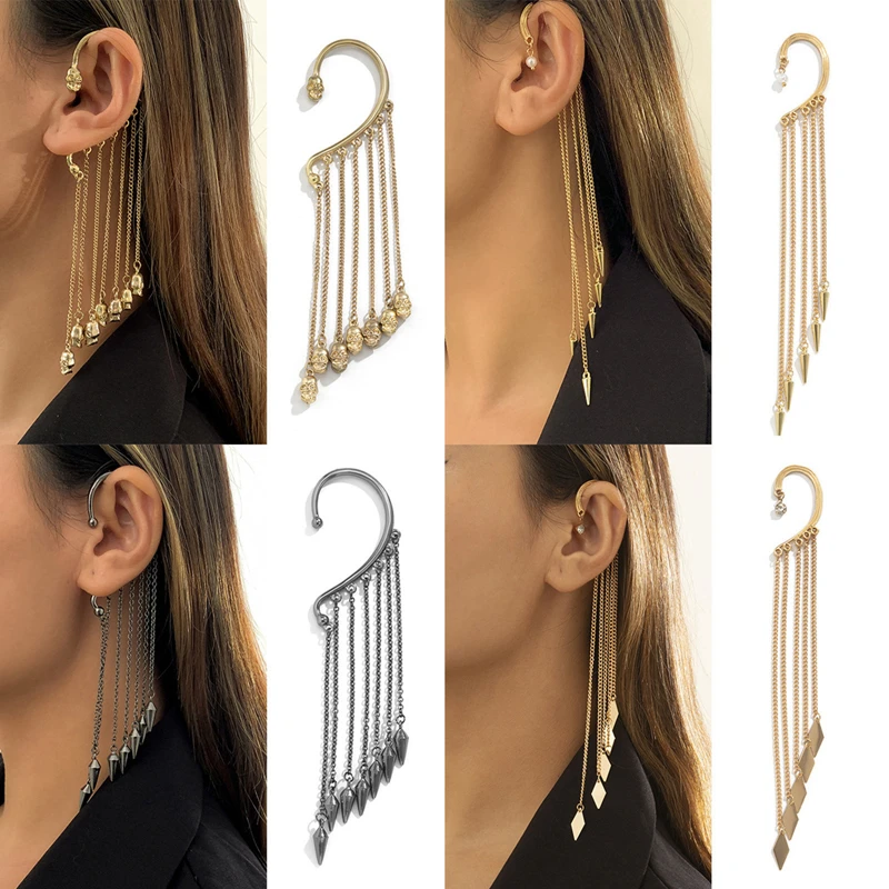 1 Piece Punk Long Tassel Chain Ear Cuff Clip Earrings For Woman Gold Silver Color Long Chain Ear Hang Hook Earring Jewelry