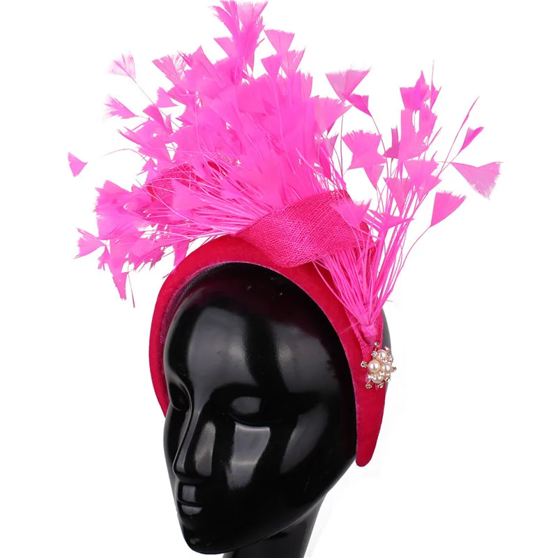 Hot Pink Fancy Bridal Wedding Hair Band Feathers Hair Fascinators Accessories Cocktail Race Ladies Headdress Fahion Headband