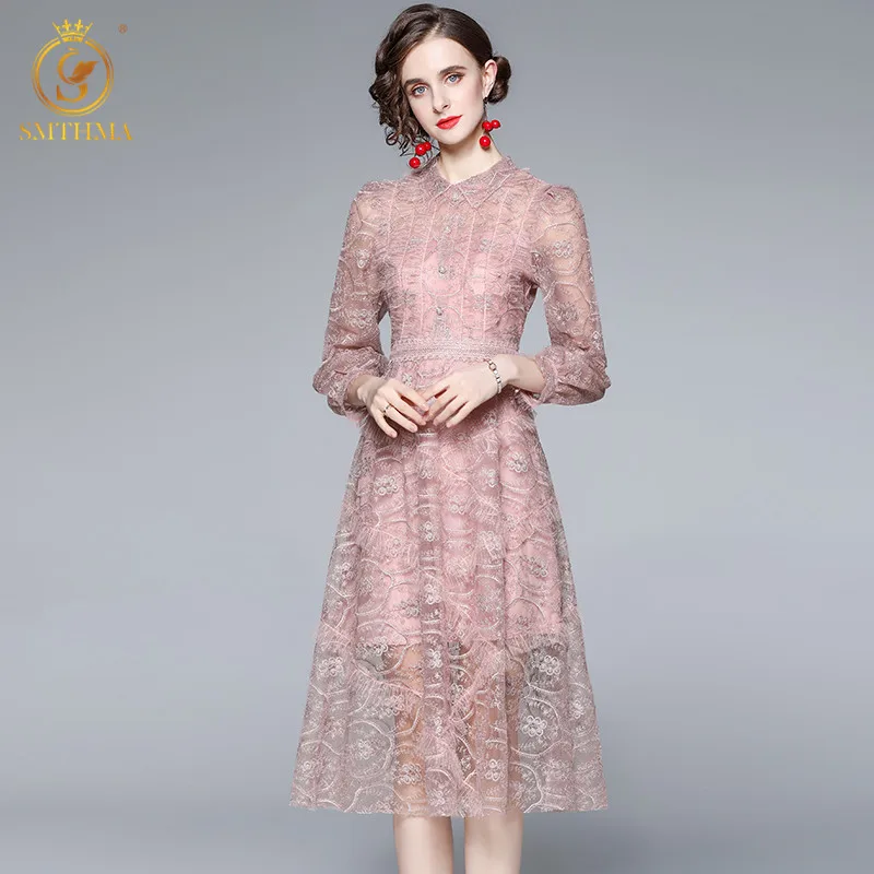 

SMTHMA High-End New Fashion Runway Mesh Embroidery Long Dress Female Pink Temperament Full Sleeve Tassel Dress Vestidos