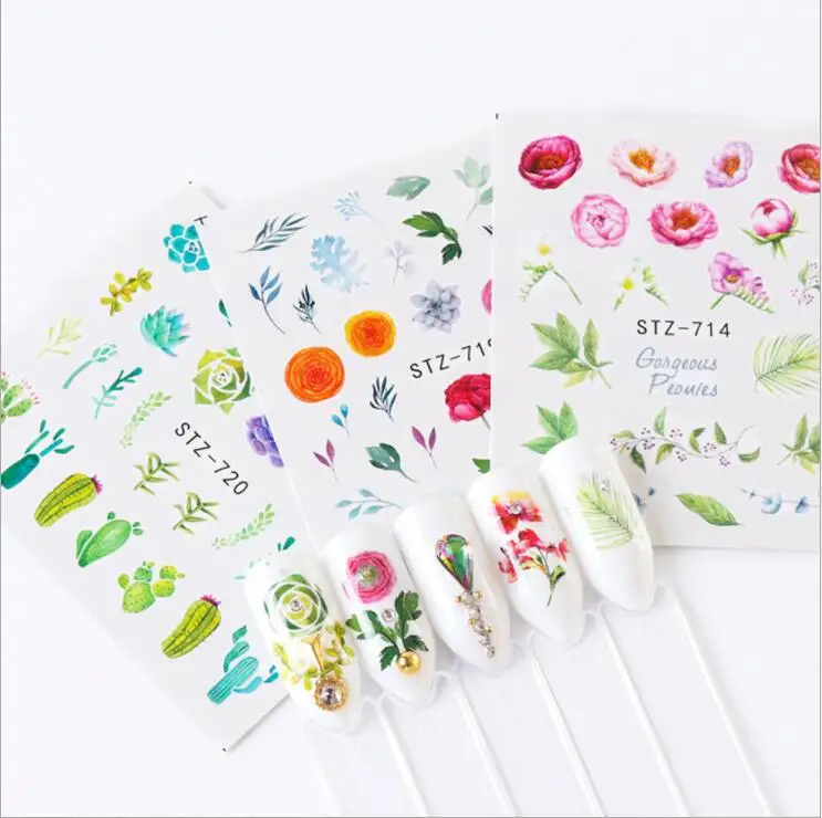 24 шт. смешанный дизайн новый ногтей Цветочные наклейки акварельные чернила на