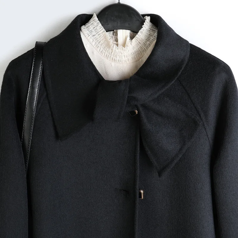 

92020 New Hand-stitched Double-sided Wool Straight Scarf Collar Single-breasted Black Double-sided Woolen Coat For Women B159