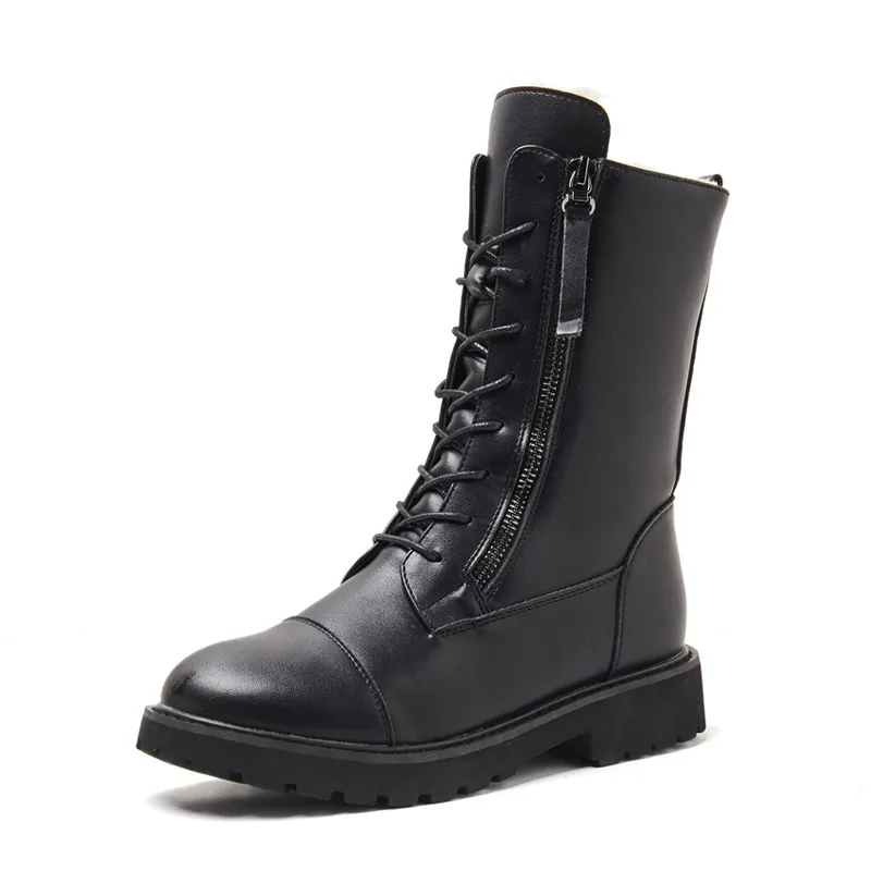 Leather black Женские ботинки на квадратном каблуке, с круглым носком, на низком каблуке(1-3 см), зимняя обувь, женские меховые ботинки на шнуровке - Цвет: Leather black