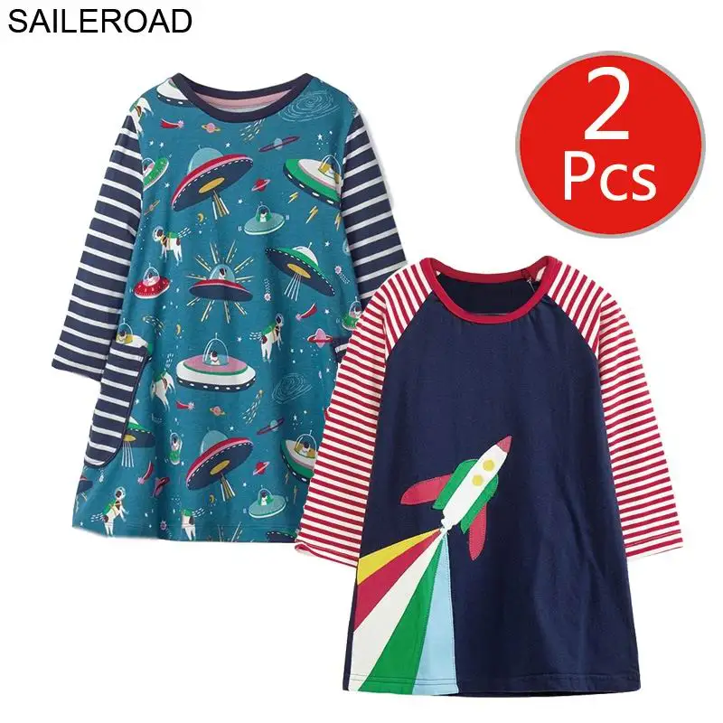7785 7682 photo SAILEROAD 2 шт. Слон Аппликации Девушки С Длинным Рукавом Платье для 7 лет Одежда Для Девочек Животные Платья для Детей 6 Лет Вышивка - Цвет: 7785 7682 photo