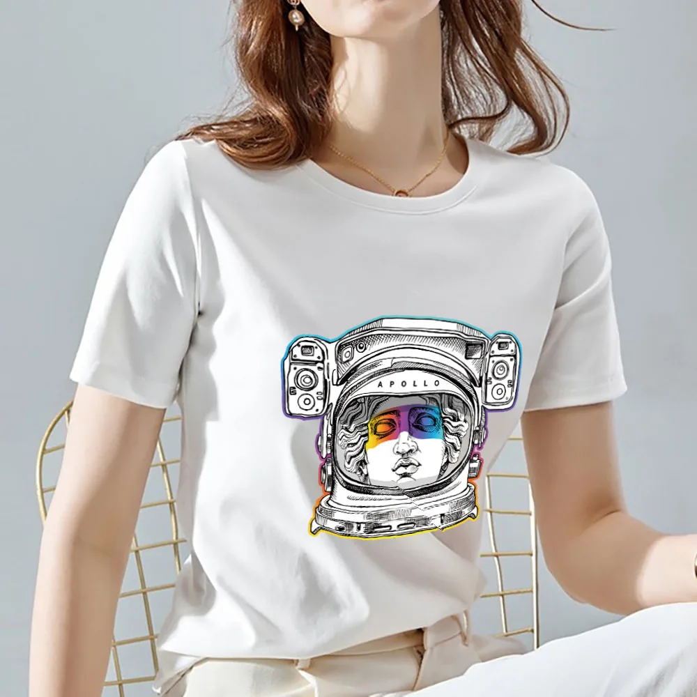 

Women's Fashion T-shirt Slim All-match Round Neck Summer Commuter Astronaut Print Pattern Series Ladies Round Neck White T-shirt