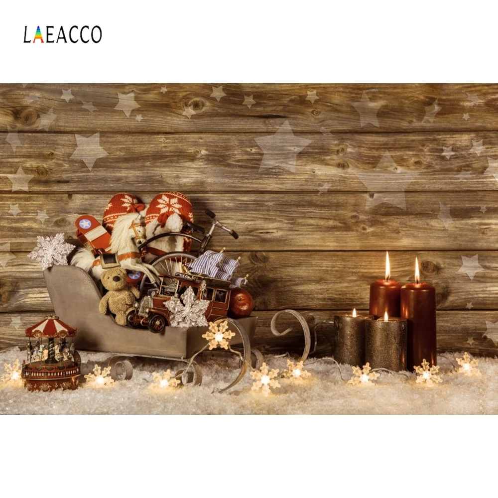 Рождественский Фотофон Laeacco с деревянной доской со звездочками и снегом свеча