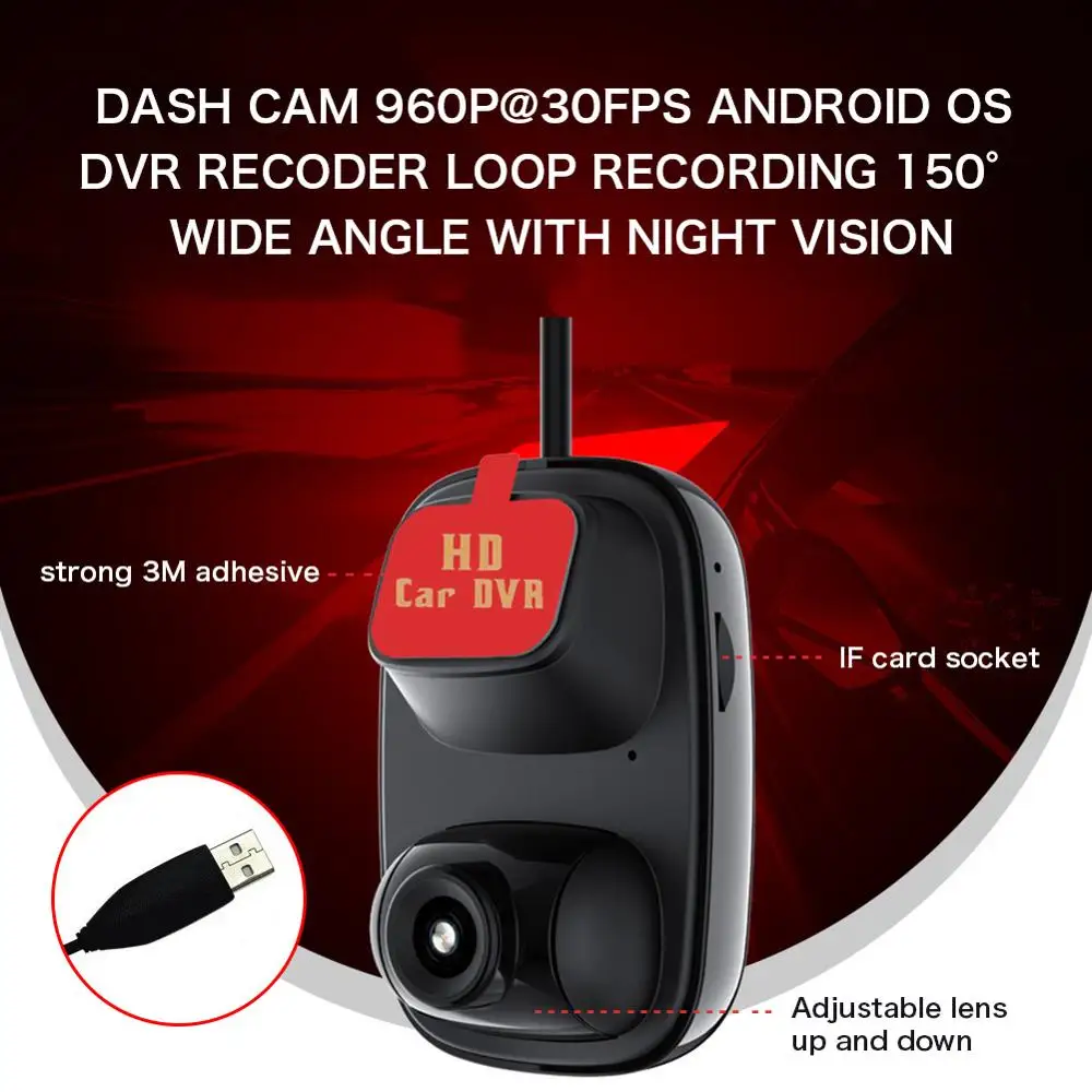 

Car DVR Dash Camera HD Dash Cam 960P@30fps Android OS DVR Loop Recording 150° Wide Angle with Night Vision Dashcam Registrar