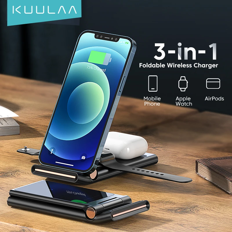 

Беспроводное зарядное устройство KUULAA Qi 3 в 1 для iPhone 13 12 11 Pro MAX XR X 8, складная зарядная док-станция для Apple Watch Airpods Pro