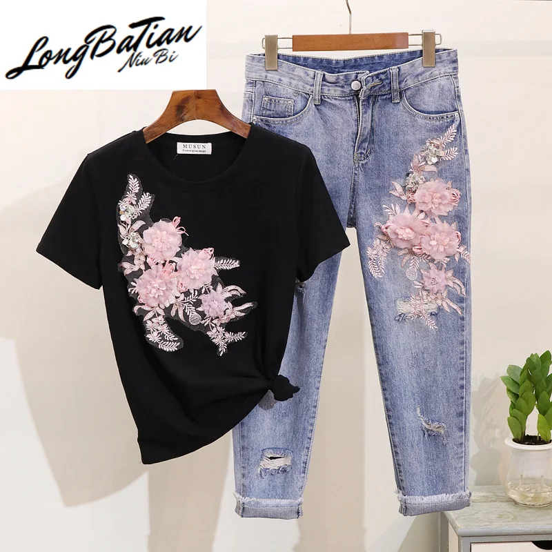 

Spring Summer Set Korean Style Embroidery Flower Short Sleeve T-shirt Tops Holes Denim Jeans Pants Suit Women Outfits 2pcs