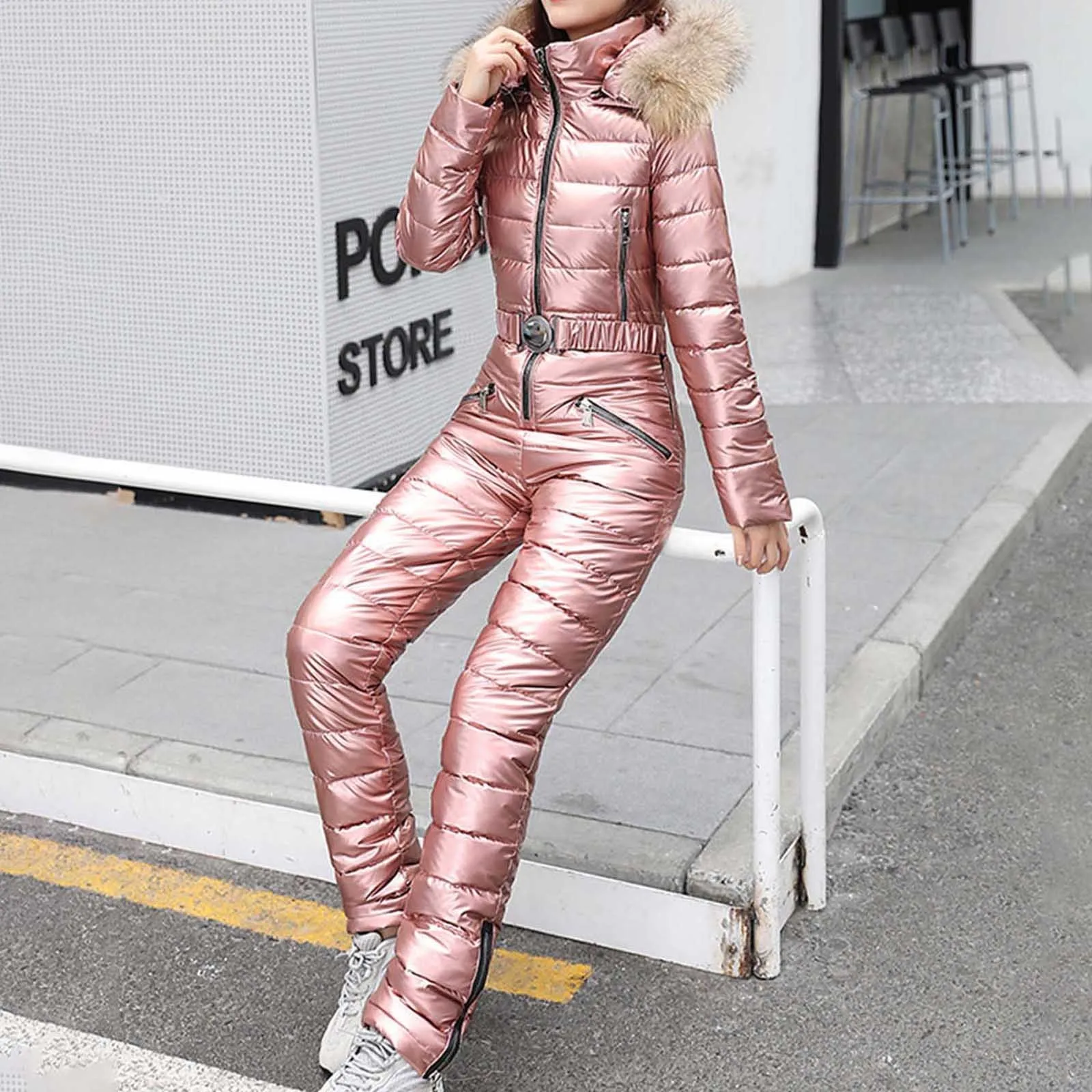 2021 Women New Solid Color Hooded Jumpsuits Winter Warm Thickened Down Jackets Noodles Playsuit Bread Suit One-piece Ski |