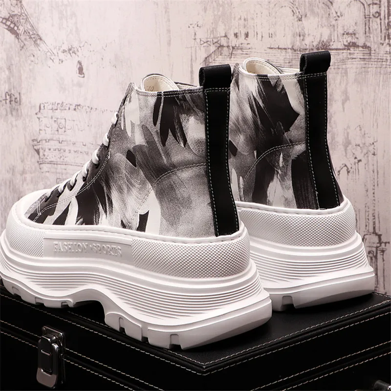 Beli Atasan Tinggi Pria Gambar Cetak Warna Campuran Sneakers Kulit Sepatu Bot Pergelangan Kaki Sepatu Platform Bawah Tebal Hip Hop Kasual Zapatillas Hombre