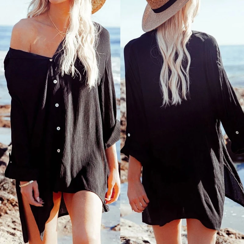 

649D Women Summer Long Sleeve Shirts Solid Color Beach Bikini Cover-Up Button Down Sexy Side Split Loose Blouse Tunic Tops