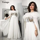 Роскошное белое шифоновое платье Verngo с перьями, выпускные платья с длинными рукавами, кристаллами, бусинами, кафтан, Дубай, женские Формальные Вечерние платья 2022