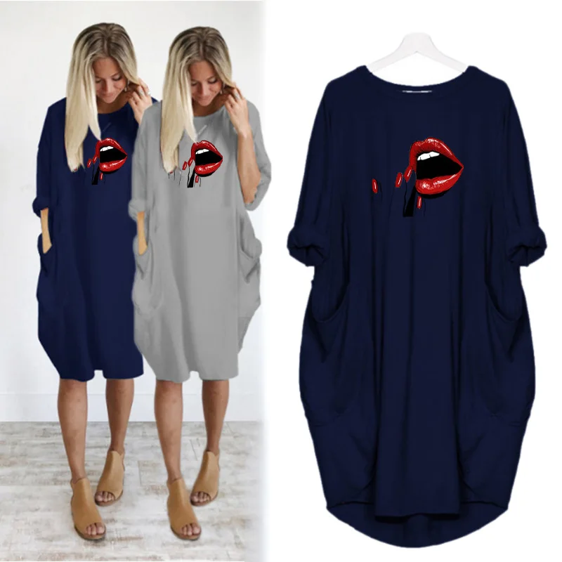 

Loose Women Dress Sexy Lipstick Lips Print Long Sleeved Pockets Casual Vintage Party Dresses Green