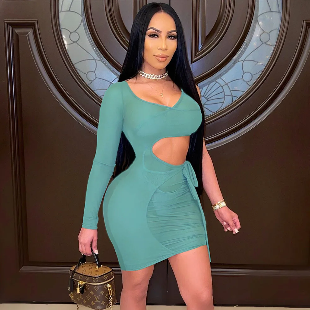 

Mesh Hollow Out Bandage Bodycon Dress See Through Long Sleeve V Neck Robes For Women Summer 2021 Sexy Night Club Party Outfits