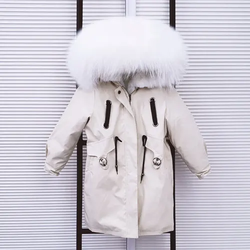 Khaki White Новинка года, парки с натуральным мехом для мальчиков и девочек зимняя детская куртка Xlong пальто с капюшоном из натурального меха енота Съемная подкладка из кроличьего меха - Цвет: Khaki White