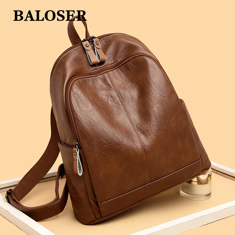 BALOSER Women Leather Backpacks Outdoor Shoulder Bags Fashion High Capacity Schoolbag Handbags