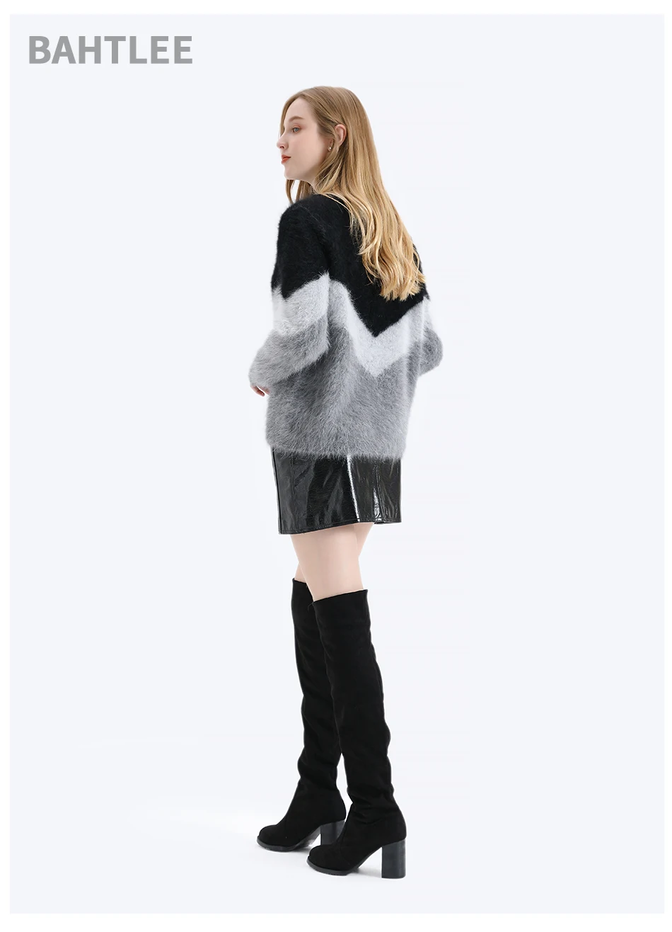 BAHTLEE Women Angora V-neck Pullovers Sweater Autumn Winter Wool Knitted Geometric Designs Jumper Long Sleeves Loose style