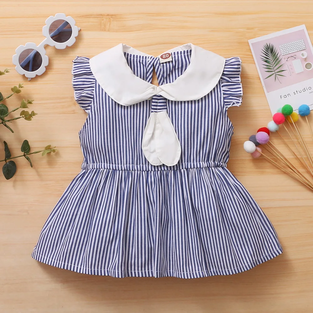 

2021 Summer Cotton Toddler Kids Baby Girls Striped Style Ruffles Sleeveless Patchwork Holiday Princess Party Dress Clothing D30