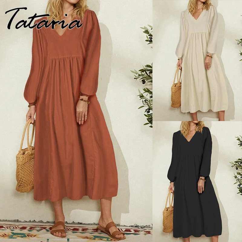 Модное винтажное платье для женщин хлопковое осеннее Мягкое повседневное с